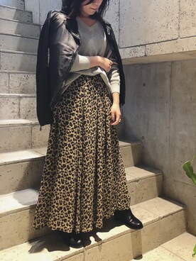 「マキシスカート」｜「アイテム（ライダースジャケット）」を使った、kiyomiさん（レディース・155cm）の秋コーディネート