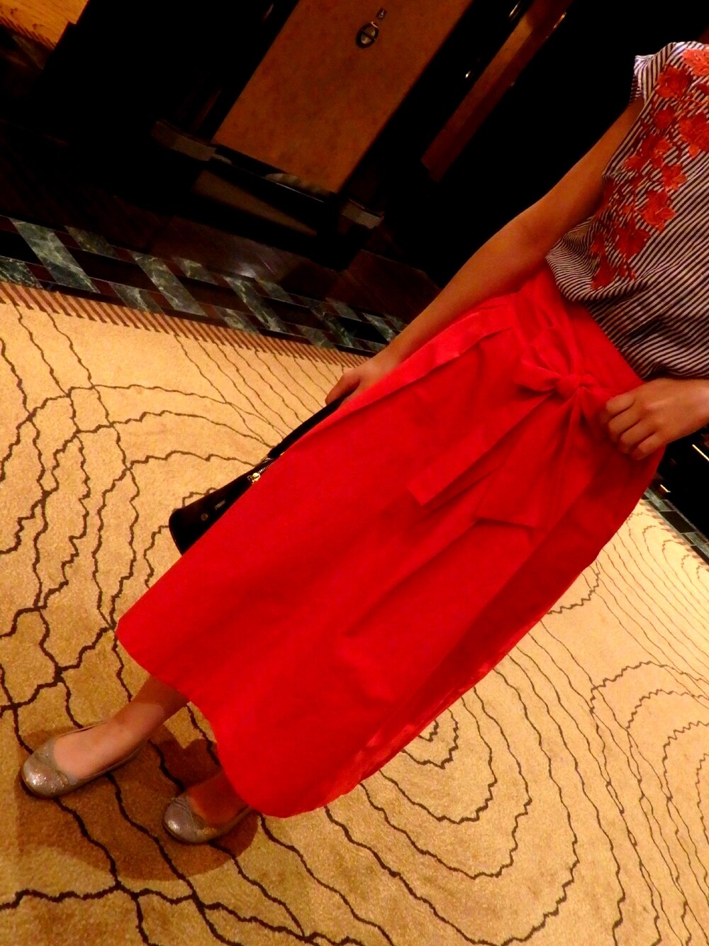 「red、skirt、ロングスカート、trecode、トレコード」｜「trecodeのアイテム（スカート、レッド系）」を使った、Nanae さん（レディース・155cm）の秋コーディネートの1枚目の写真