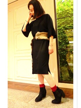 「ラビットファー」｜「アイテム（ワンピース/ドレス）」を使った、Nanae さん（レディース・155cm）の秋コーディネート
