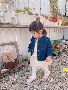 「apres les cours（アプレレクール）のアイテム（デニムジャケット）」を使った、yu8792さん（キッズ・70cm）の春コーディネート