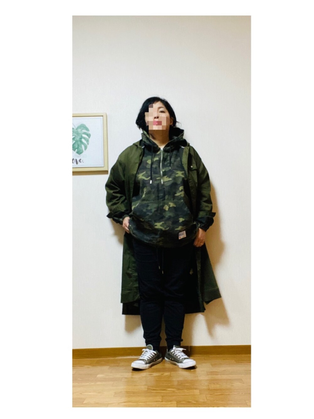 「大人カジュアル、カモフラ、ミリタリー、プチプラ、しまむら、ぽっちゃり、ぽっちゃりコーデ、アラフィフ、50代カジュアル、カーキ」｜「しまむらのアイテム（シャツワンピース、グリーン系）」を使った、hiratti53さん（レディース・159cm）の秋コーディネートの1枚目の写真