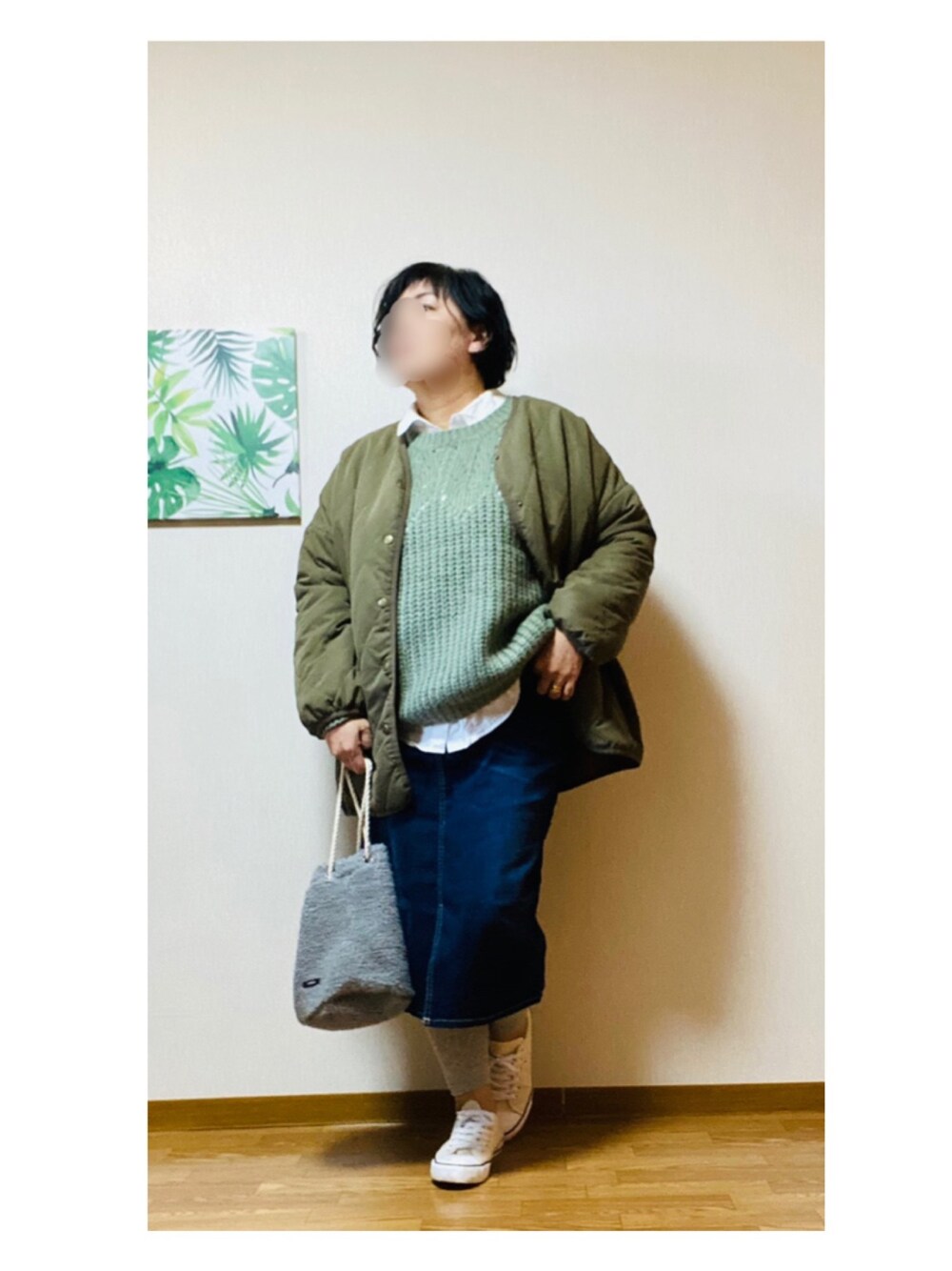 「年末WEAR感謝祭、オトナカジュアル、大人カジュアル、大人女子、デニムスカート、アラフィフ、50代カジュアル、ぽっちゃり、しまむら、プチプラ」｜「no brandのアイテム（ナイロンジャケット、グリーン系）」を使った、hiratti53さん（レディース・159cm）の冬コーディネートの1枚目の写真