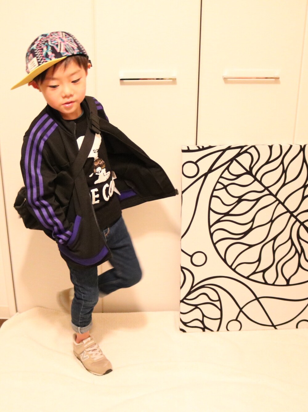 「スポーツミックス、ジャージ、キャップ、キャップ部、5歳、男の子、キッズコーデ、kids」｜「petit mainのアイテム（キャップ、その他）」を使った、Lilick0408さん（キッズ・110cm）の冬コーディネートの1枚目の写真
