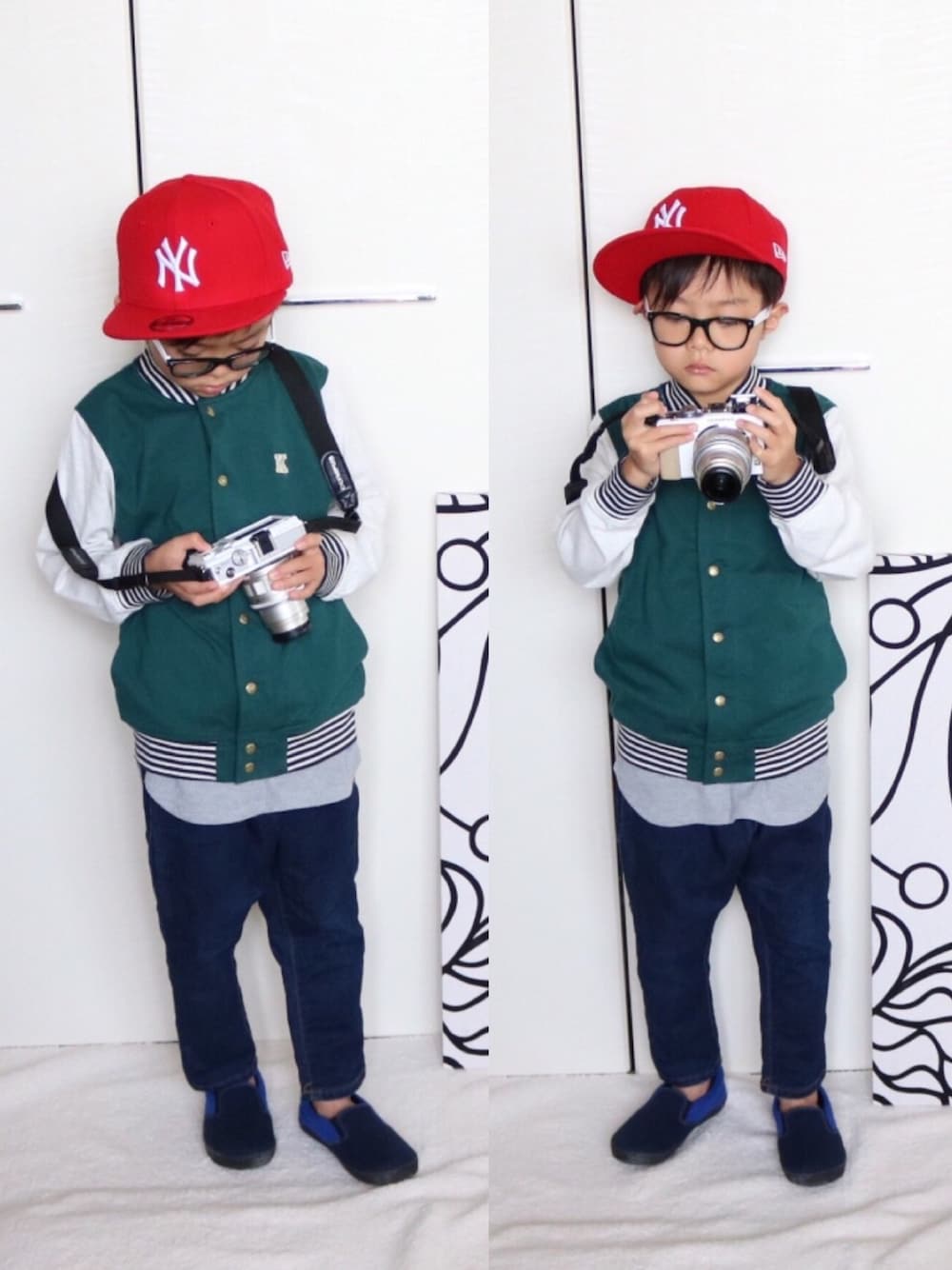 グリーン系のカーディガン/ボレロ、グレー系のTシャツ/カットソー、ブルー系のデニムパンツを着用したキッズの春コーディネートの1枚目の写真