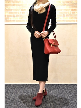 「アイテム（ブーティ、レッド系）」を使った、NANACOSさん（レディース・155cm）の冬コーディネート