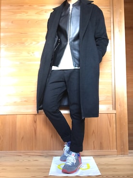 「オーバーコート」｜「アイテム（ライダースジャケット）」を使った、ばるさん（メンズ・172cm）の冬コーディネート