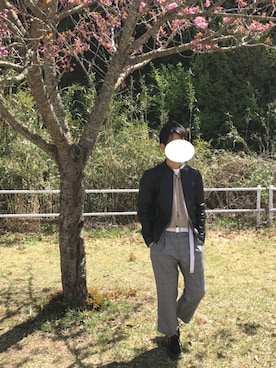 「グレンチェック」｜「アイテム（ライダースジャケット）」を使った、ばるさん（メンズ・172cm）の春コーディネート