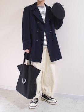 「LONDONFOG（ロンドンフォグ）のアイテム（ピーコート）」を使った、橋本さん（メンズ・174cm）の冬コーディネート