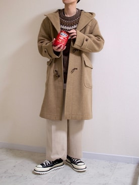 BURBERRYのダッフルコート（ベージュ系）を使った人気ファッション