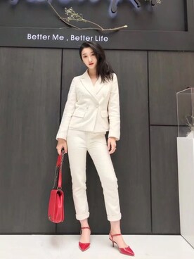 「アイテム（セットアップ、ホワイト系）」を使った、GMYさん（レディース・164cm）の春コーディネート