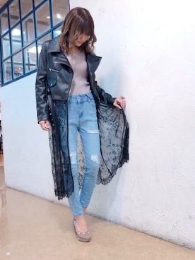 「LIPSERVICE（リップサービス）のアイテム（ライダースジャケット）」を使った、sakuraさん（レディース・157cm）の春コーディネート