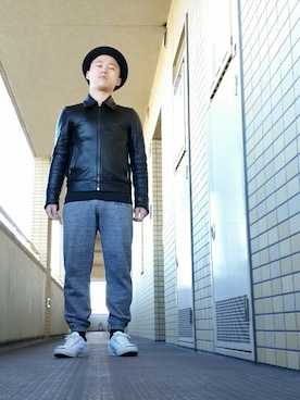 「ワコマリア」｜「アイテム（ライダースジャケット）」を使った、つちはるさん（メンズ・160cm）の冬コーディネート