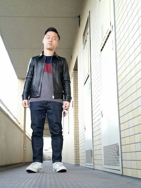 「息子」｜「アイテム（ライダースジャケット）」を使った、つちはるさん（メンズ・160cm）の冬コーディネート
