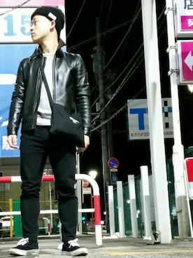 「WACKO MARIA（ワコマリア）のアイテム（ライダースジャケット）」を使った、つちはるさん（メンズ・160cm）の冬コーディネート