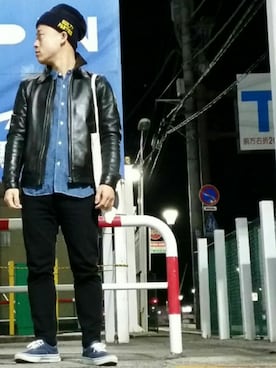 「WACKO MARIA（ワコマリア）のアイテム（ライダースジャケット）」を使った、つちはるさん（メンズ・160cm）の冬コーディネート