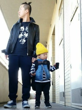 「WACKO MARIA（ワコマリア）のアイテム（ライダースジャケット）」を使った、つちはるさん（メンズ・160cm）の春コーディネート