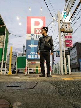 「ワコマリア」｜「アイテム（ライダースジャケット）」を使った、つちはるさん（メンズ・160cm）の秋コーディネート