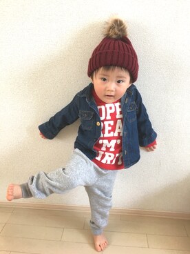 「2歳3ヶ月」｜「アイテム（ニットキャップ/ビーニー）」を使った、あおさん（キッズ・90cm）の春コーディネート