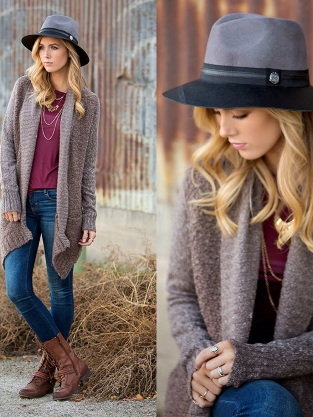 「boots、cardigan、combat、fedora、hat、JustFab、necklace、Nordstrom、sweater、vince camuto」｜Sheridan Gregoryさん（レディース）の秋コーディネートの1枚目の写真