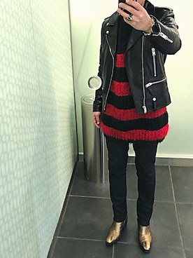 「SAINT LAURENT PARIS（サンローランパリ）のアイテム（ライダースジャケット）」を使った、ハッピーマンさん（メンズ・168cm）の冬コーディネート