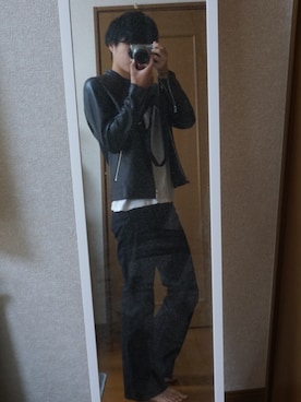 「古着のアイテム（スラックス、ブラック系）」を使った、YUさん（メンズ・169cm）の秋コーディネート