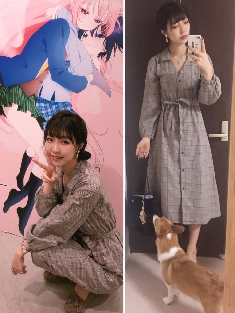 「ハッピーシュガーライフ、お団子ヘアー、グレンチェック、コーギー、ZARA、CHILLE、モカシン、ブラウン、ブラウンコーデ、秋のブラウンスタイル」｜「Chille anapのアイテム（ワンピース、ブラウン系）」を使った、⊿mey さん（レディース・168cm）の秋コーディネートの1枚目の写真