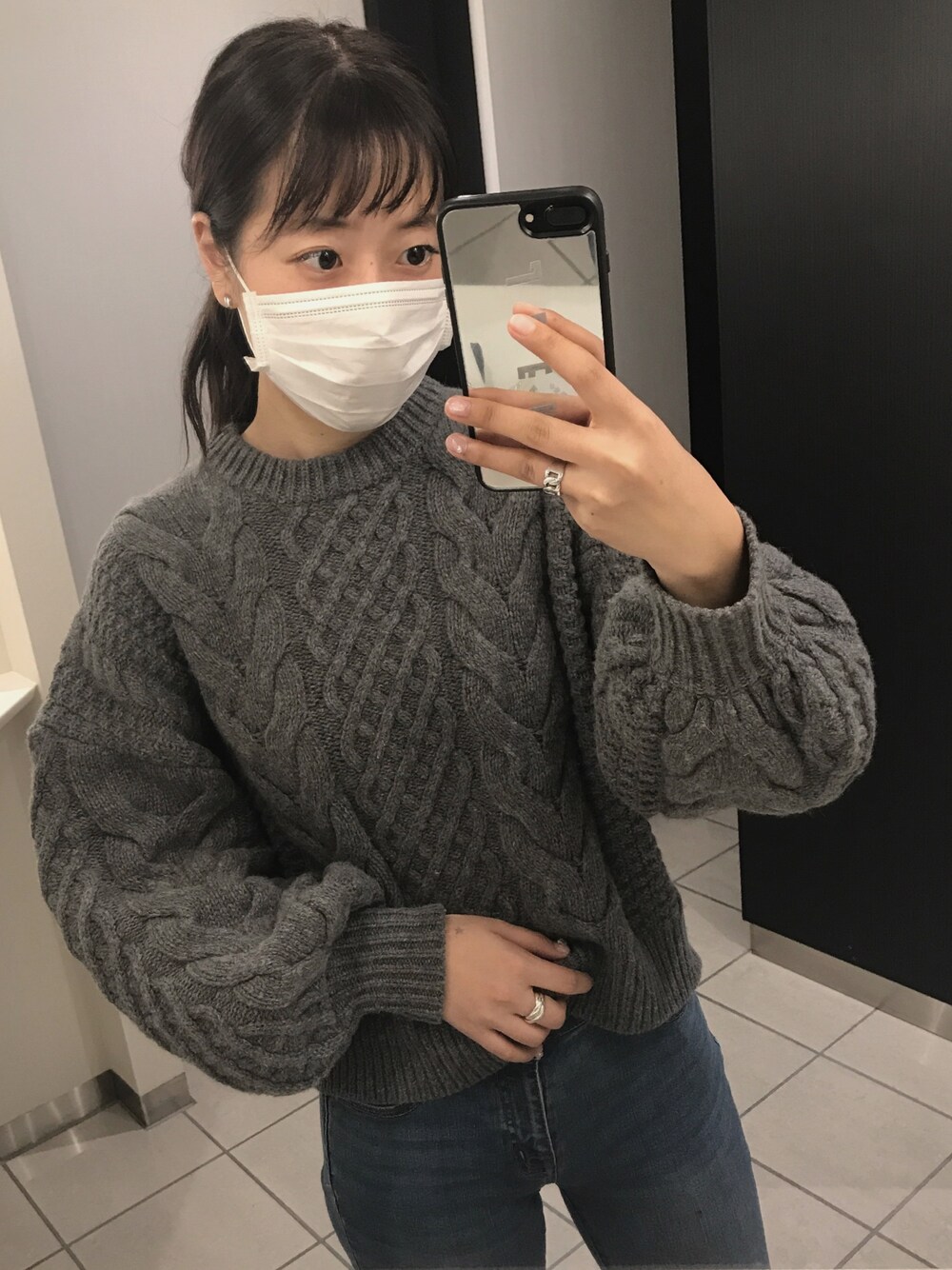 「パステル映える春、オトナカジュアル、クラネ、CLANE、ハンドメイド、グレー、zozoデニム、カジュアル、ケーブルニット、ecrum」｜「CLANEのCABLE PUFF KNIT TOPS（ニット/セーター、グレー系）」を使った、マリノ さん（レディース・165cm）の春コーディネートの1枚目の写真
