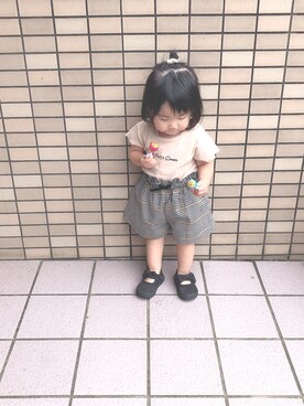 「petit main（プティマイン）のハイウエストフリルキュロット（その他パンツ、ブラック系）」を使った、N★さん（キッズ・100cm）の夏コーディネート
