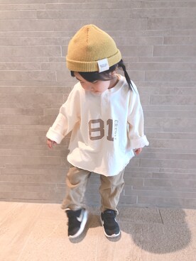 「CIAOPANIC TYPY（チャオパニックティピー）の梨地プリント長袖Tee（Tシャツ/カットソー、ホワイト系）」を使った、N★さん（キッズ・100cm）の冬コーディネート