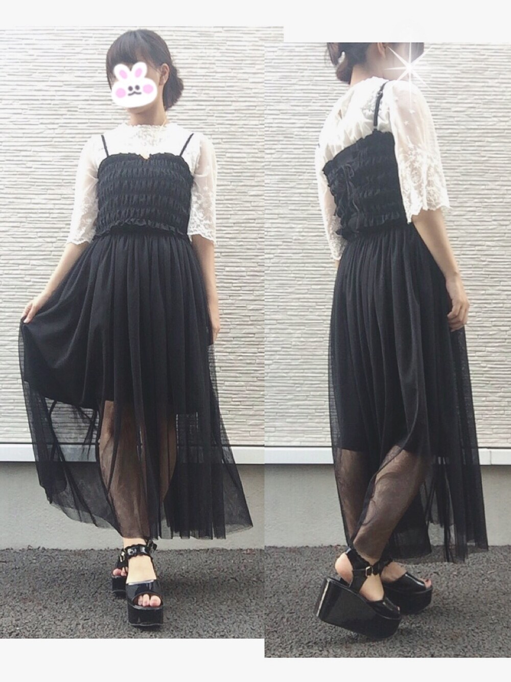 「earth music&ecology、アベイル、ブラック、ビスチェ、編み上げ、厚底サンダル、Amijed、アミジェダ、チュールスカート」｜「amijedのアイテム（ネックレス、ゴールド系）」を使った、そっちゃんさん（レディース・163cm）の夏コーディネートの1枚目の写真