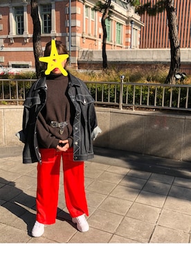 「ブラウンニット」｜「アイテム（デニムジャケット）」を使った、おーてぃんさん（レディース・163cm）の秋コーディネート