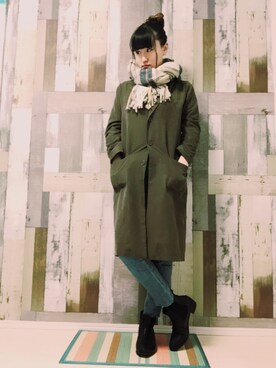 「no brand（ノーブランド）のアイテム（チェスターコート、グリーン系）」を使った、ｙａｔｏさん（レディース・163cm）の冬コーディネート