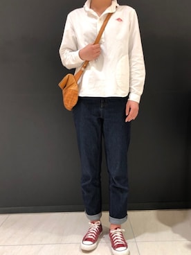「UNIQLO（ユニクロ）のアイテム（パンツ、ブルー系）」を使った、ななこさん（レディース・159cm）の春コーディネート
