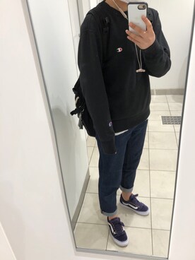 「Champion（チャンピオン）のアイテム（スウェット、ブラック系）」を使った、ななこさん（レディース・159cm）の春コーディネート