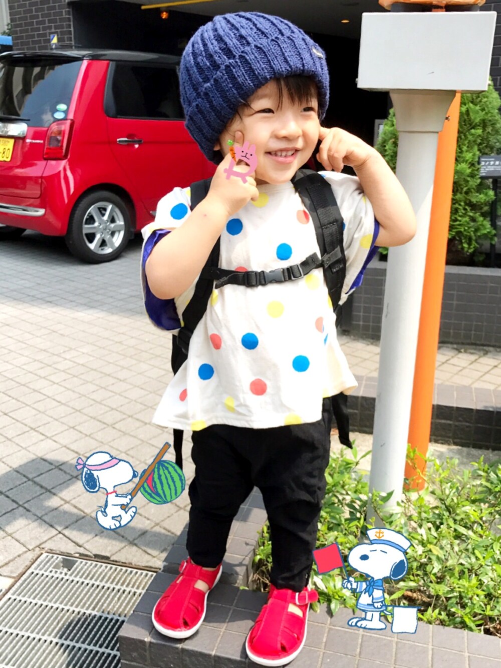 「キッズコーデ、夏、カジュアル、サンダル、休日コーデ、男の子、カラフル、リュック、2歳、スキニー」｜「maarookのアイテム（Tシャツ/カットソー、その他）」を使った、☆RandM☆さん（キッズ・80cm）の夏コーディネートの1枚目の写真