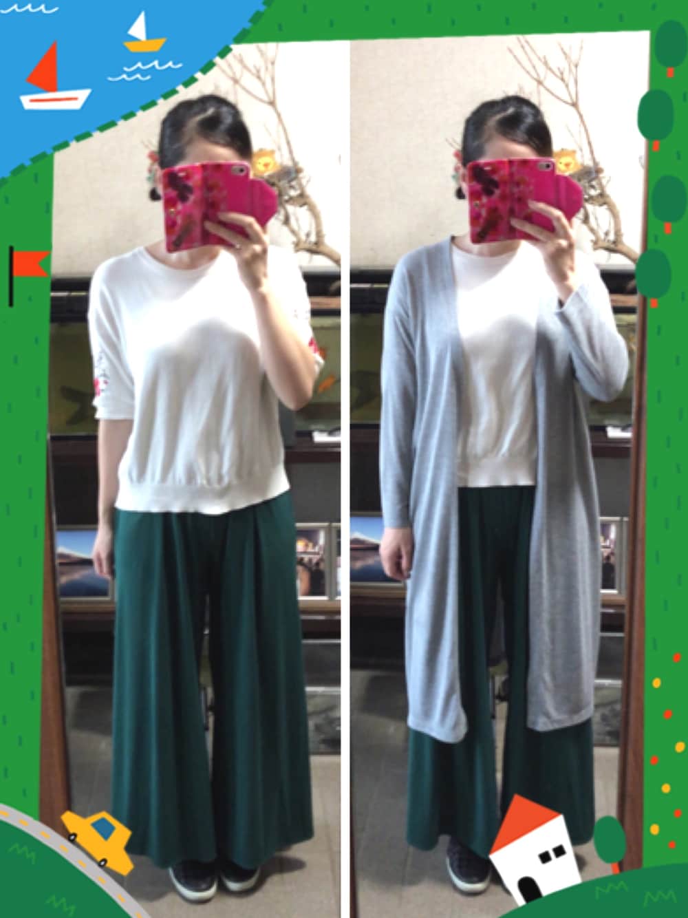 「サマーニット、刺繍、ワイドパンツ、グリーン、ユニクロ、スリッポン、ECCO」｜「earth music&ecologyの・刺繍スリーブニットプルオーバー（ニット/セーター、ホワイト系）」を使った、Ai♡myさん（レディース・160cm）の秋コーディネートの1枚目の写真