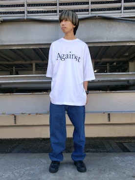 「WHITELAND（ホワイトランド）のWHITELAND/ホワイトランド/Against BIG TEE（T恤/上装、ホワイト系）」を使った、にしおさん（メンズ・180cm）の夏コーディネート