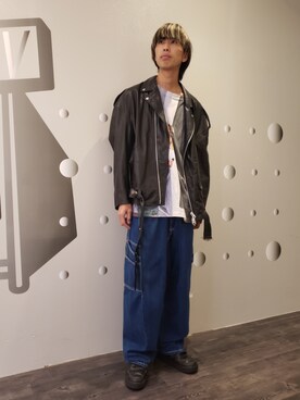 「whiteland」｜「アイテム（ライダースジャケット）」を使った、にしおさん（メンズ・180cm）の秋コーディネート