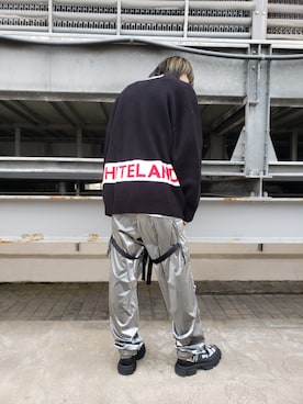 「WHITELAND（ホワイトランド）のWHITElAND/ホワイトランド/ラインロゴカーディガン（针织衫/披肩、ブラック系）」を使った、にしおさん（メンズ・180cm）の秋コーディネート