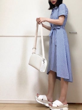 「アシンメトリー」｜「アイテム（シャツワンピース）」を使った、高野軍曹さん（レディース・158cm）の夏コーディネート
