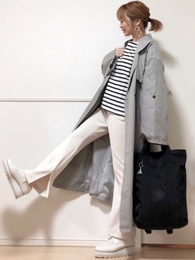 「スリットパンツ」｜「アイテム（トレンチコート）」を使った、高野軍曹さん（レディース・158cm）の冬コーディネート
