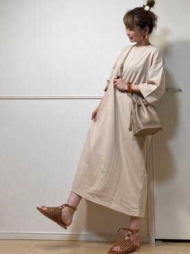 「Chaco closet（チャコ クローゼット）のバルーンスリーブ7分袖ポケット付きミニ裏毛Aラインスウェットワンピース（ワンピース）」を使った、高野軍曹さん（レディース・158cm）の夏コーディネート