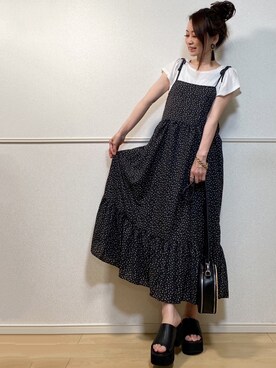 「小花柄ワンピース」｜「アイテム（アクセサリー）」を使った、高野軍曹さん（レディース・158cm）の春コーディネート