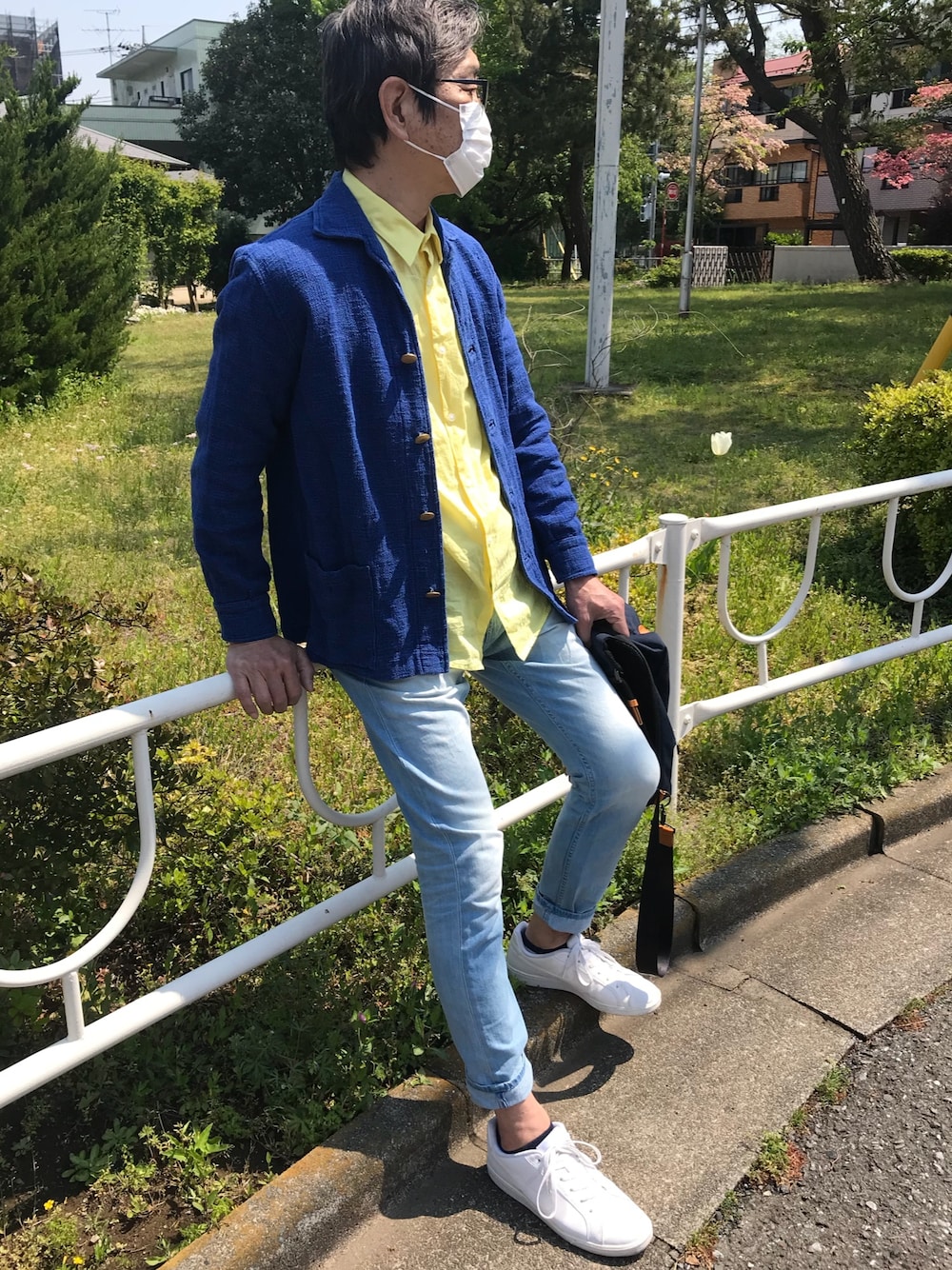 「ショッピング、ビタミンカラー、麻ジャケット、おじいちゃんコーデ、オトナカジュアル」｜「no brandのアイテム（テーラードジャケット、ブルー系）」を使った、ノリスケさん（メンズ・179cm）の春コーディネートの1枚目の写真