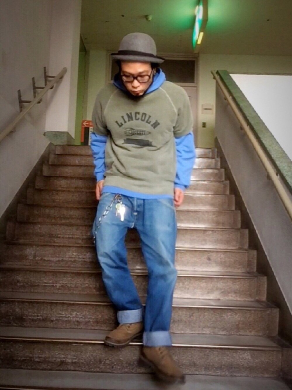 「シンプル、アメカジ、ボーラーハット、Timberland、半袖スウェット、ootd、2月1日TM3聖誕祭、2月1日あきーむ聖誕祭」｜「usedのアイテム（スウェット、グリーン系）」を使った、歌右衛門さん（メンズ・169cm）の冬コーディネートの1枚目の写真