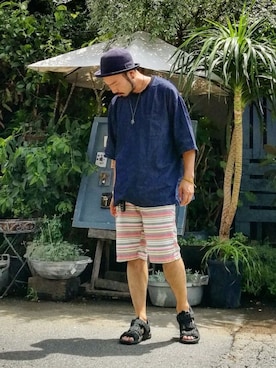 「ヒラキ（ヒラキ）のアイテム（サンダル）」を使った、歌右衛門さん（メンズ・169cm）の夏コーディネート
