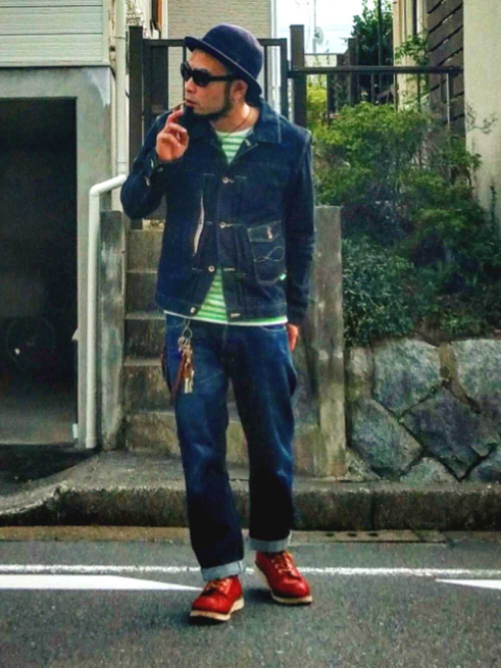 「デニム、デニムオンデニム、デニデニ、アメカジ、evil likely、秋のコーデ」｜「evillikelyのアイテム（デニムジャケット、ブルー系）」を使った、歌右衛門さん（メンズ・170cm）の秋コーディネートの1枚目の写真