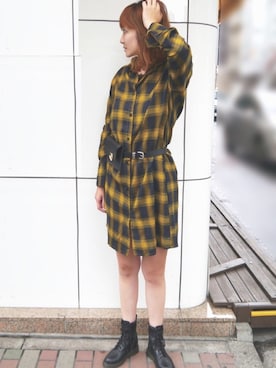「マスタード」｜「アイテム（シャツワンピース）」を使った、yuminyさん（レディース・162cm）の秋コーディネート