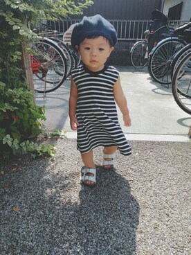 「MARKEY'S（マーキーズ）のボーダーワンピース (80～150cm)（ワンピース、ブラック系）」を使った、✼ほのほの✼さん（キッズ・70cm）の夏コーディネート