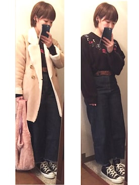 「刺繍」｜「アイテム（ムートンコート）」を使った、＊Qchan＊さん（レディース・155cm）の冬コーディネート